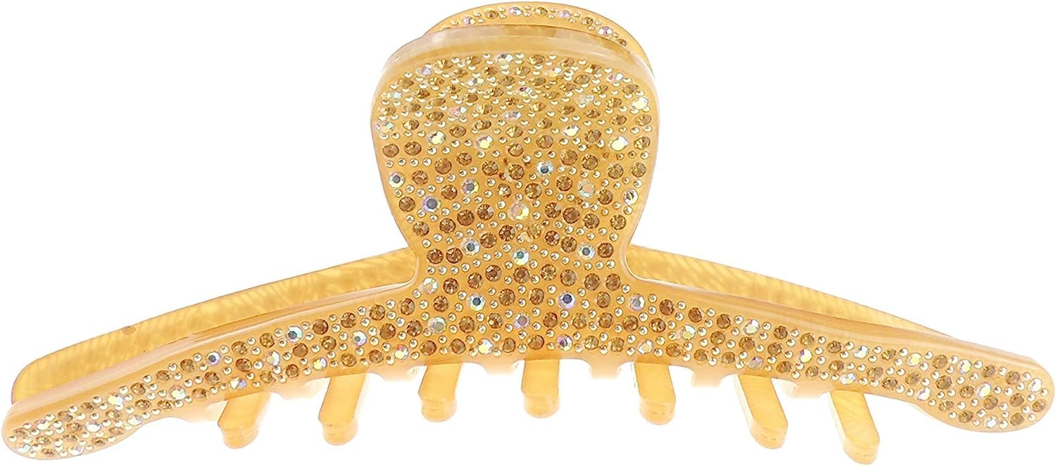 Sparkly Women Girls Thick Curly Hair Long Slim Crystal Diamante Rhinestone Gems Bulldog Wave Jaw Clip Octopus Clamp Grip Bridal Wedding Party Styling Claw Butterfly Claw Swirly Bow (Beige)