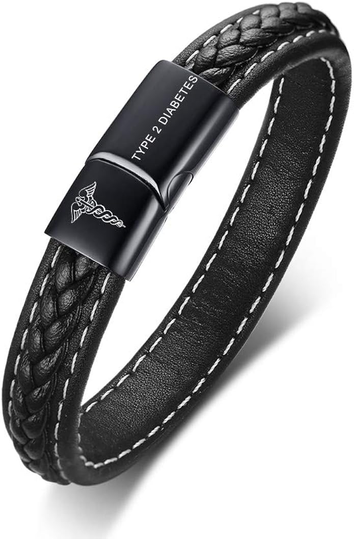 MEALGUET Type 2 Diabetes Leather Medical ID Bracelets for Men