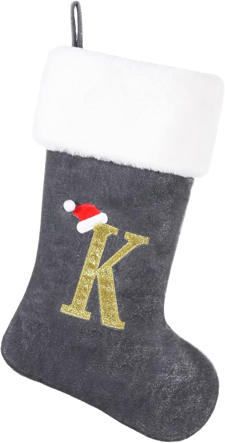Stockings & Holders - SIRIPHUM 20 Inches Monogram Christmas Stocking Deluxe Grey Velvet Body with Super Soft Plush Cuff Embroidered Letter(K)