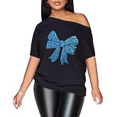 PESION Women Off The Shoulder Tops Sexy Shiny Metallic Shirts Short Sleeves Fashion Graphic T-Shirts Blouses