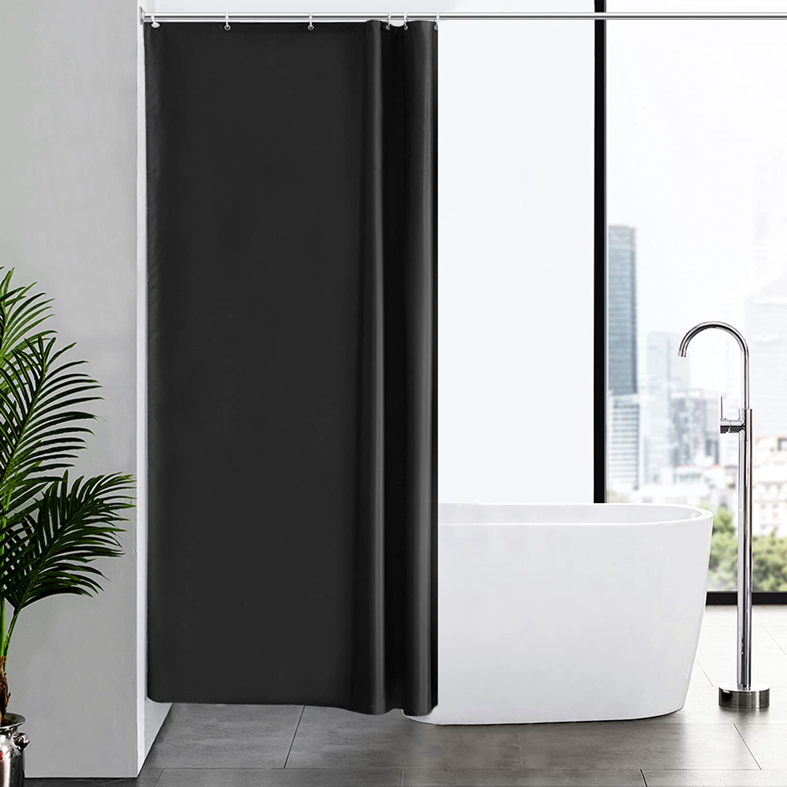 Furlinic Shower Curtain Anti Mould Resistant Waterproof Bathroom Curtains Black Washable Polyester Fabric 100x200cm with Weight Tape for Bath Wet Room 39x78 Inch.
