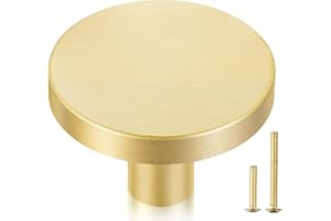 QOGRISUN 2-Pack Solid Brass Cabinet Knobs, 1-5/16-Inch Diameter, Round Gold Dresser Drawer Pulls Handles, Modern Kitchen Hardware, Brushed Brass Finish