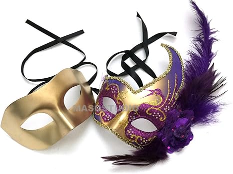 Amazon Com Couples Gold Accent Masquerade Ball Mask With Feather Mardi Gras Prom Dance Quincenera Birthday Party Purple Home Kitchen