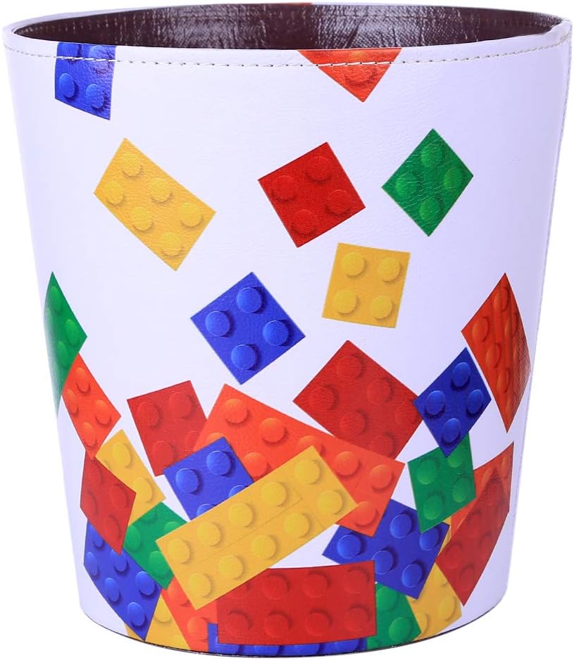 YxFlower Trash Bin Leather, 10L Waterproof Garbage Bin Kids Rubbish Bin Waste Bin For the Office, Bathroom or Bedroom, 25 x 20 x 27CM - Building Blocks Pattern