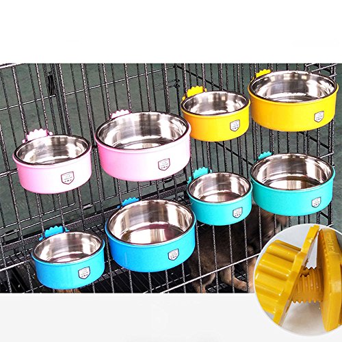 Daycount Pet Feeder Dog Bowl Stainless Steel Food Hanging Bowl Crates Cages Dog Parrot Bird Pet Drink Water Bowl Dish Accessory (S: 4.5''x2'', Yellow)
