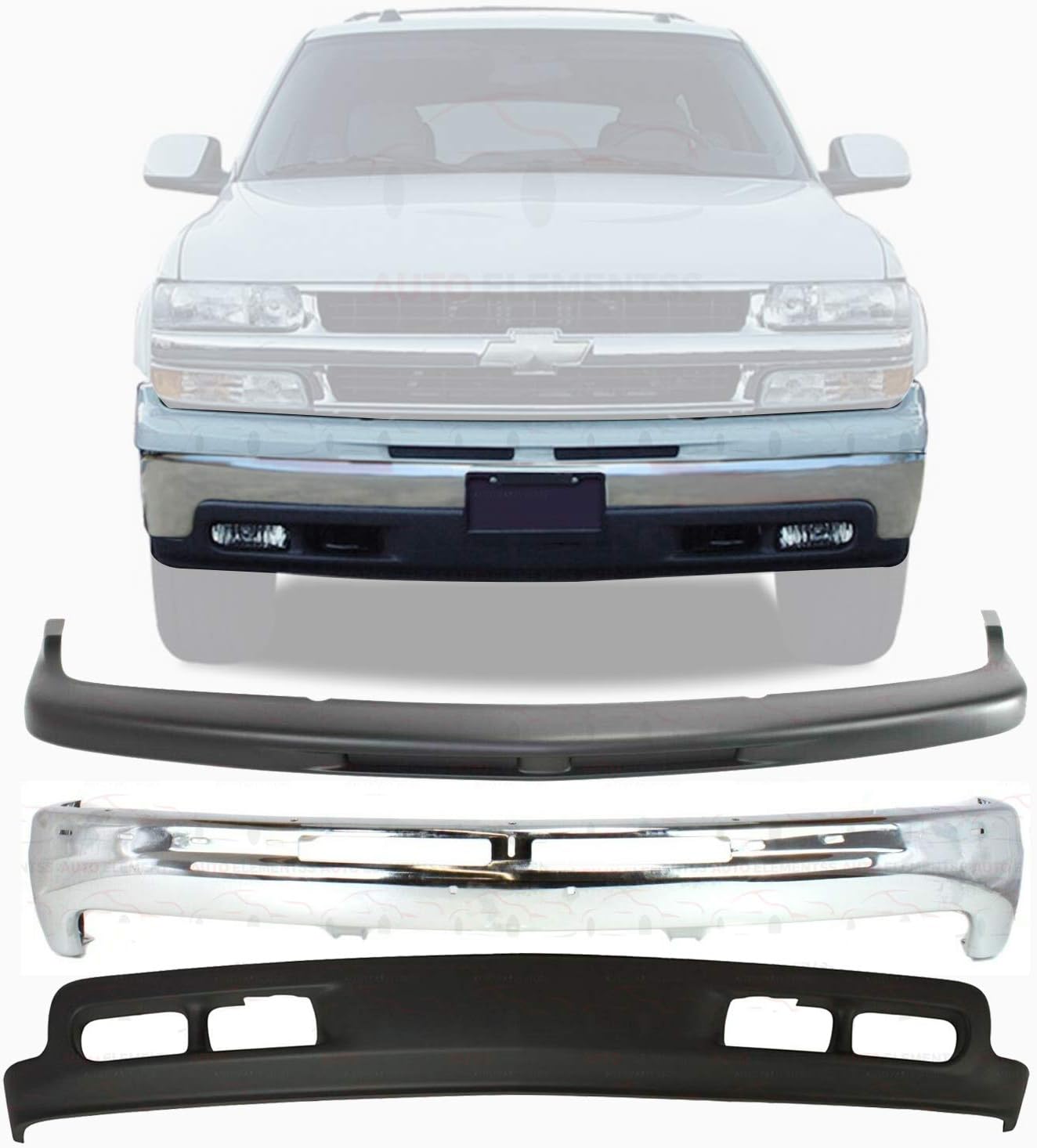 New Front Bumper Chrome Steel + Upper Cover Primed + Lower