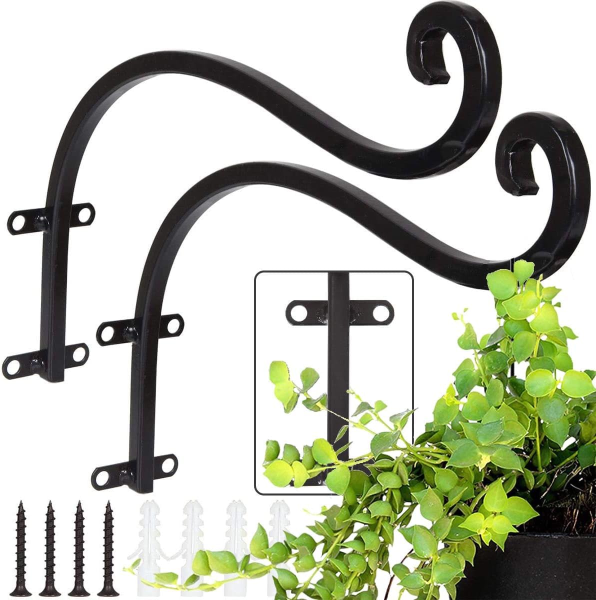 AHUNTTER 2 Pack 12 Inch Heavy Duty Hanging Basket Brackets Curved Up Iron Planter Hooks Decorative Metal Outdoor Garden Plant Pots Wall Hangers for Lanterns Fence Flowers by Post - Black