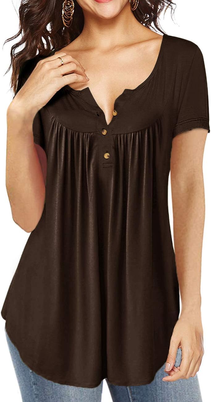AMCLOS Womens Tie-Dye Tops V Neck Soft T-Shirts Flowy Pleats Tunic Button up Casual Blouses Summer Short Sleeve