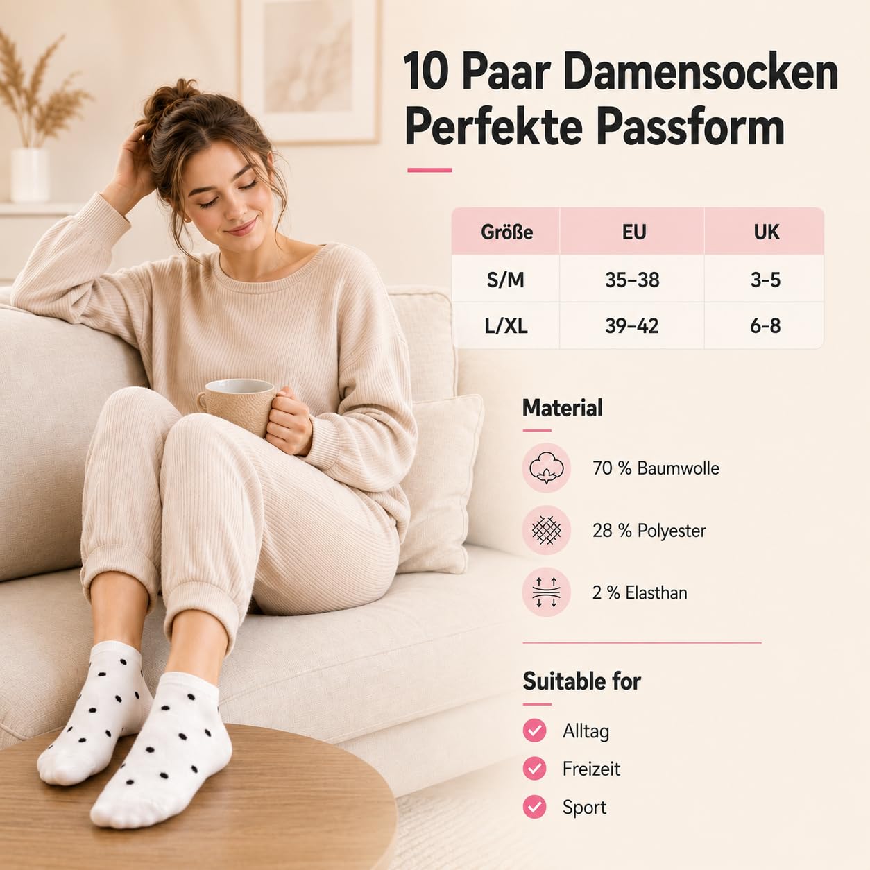 Soleeya 10 Paar Sneaker Socken Damen 39-42, Baumwolle Füßlinge Damen mit Streifen Punkte Herzen, Atmungsaktive Kurz Sportsocken Teen Mädchen Wandersocken Sommer Sneakersocken für Alltag 3