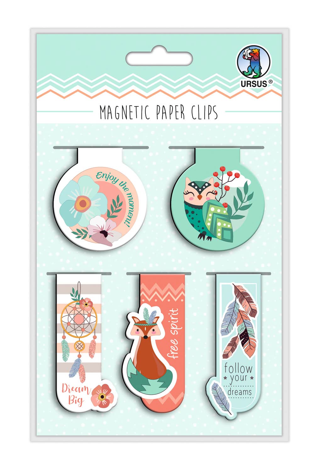 Ursus 43000001 Paper Dream Magnetic Bookmarks and Decorative Clips for Books, Notebooks and Albums, 5 Different Designs, Height 4.5-6.5 cm, Colourful