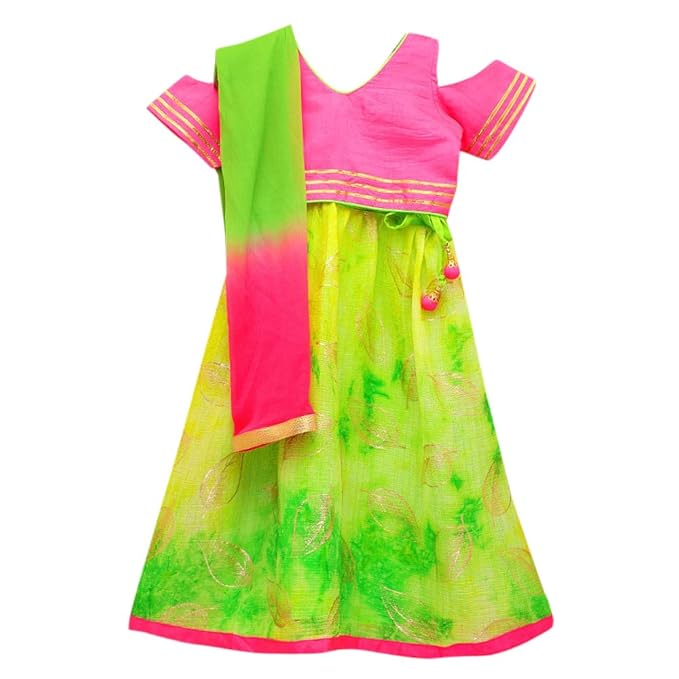 Kid1 By Hopscotch Girls Banglori Silk Cold Shoulder Princess Lehenga Choli Set in Multi Color