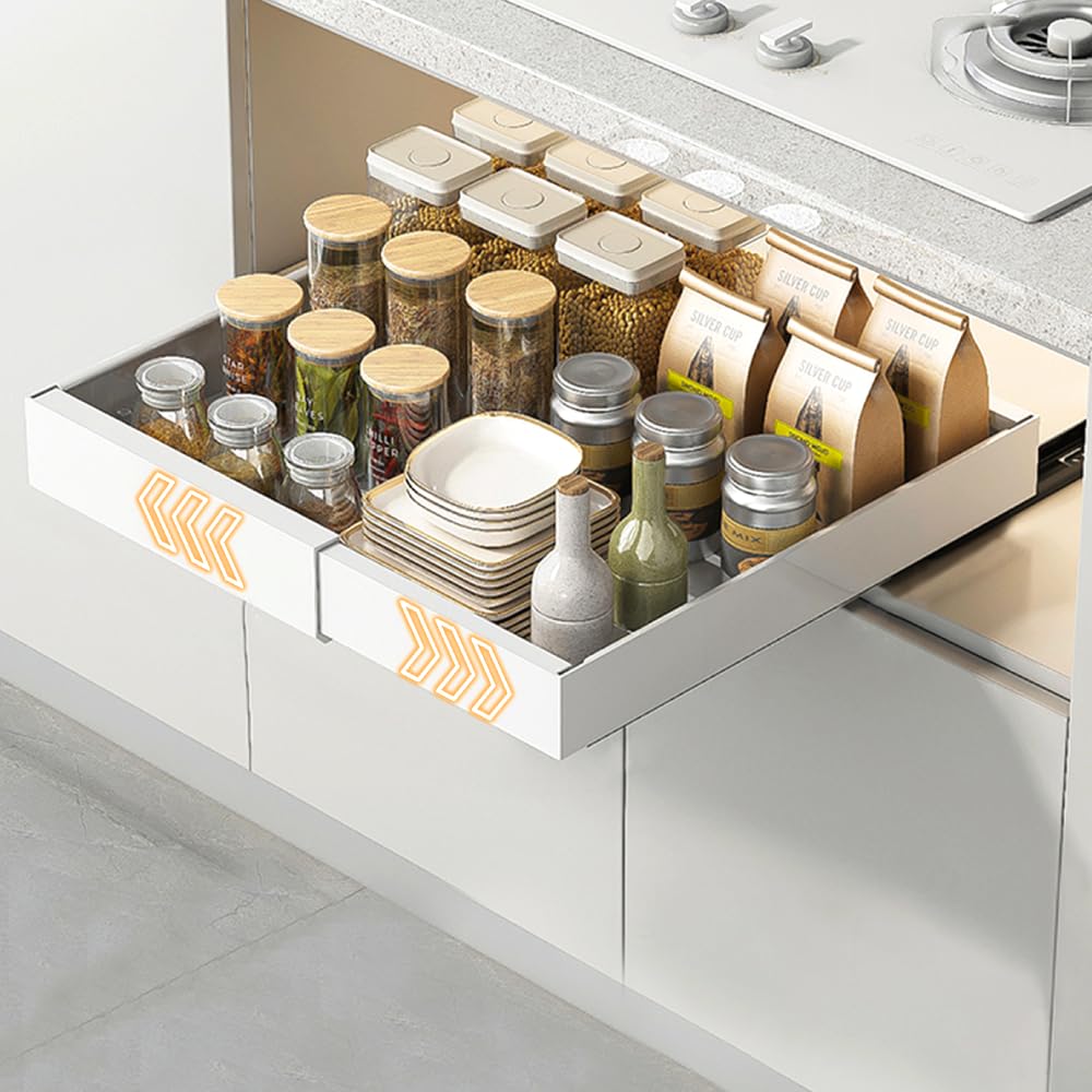 Photo 1 of Expandable Pull Out Cabinet Organizer, Slide Out Drawers for Kitchen Cabinets with 3 slides, Adjustable Width 12.6"-20.5" Roll Out Drawers with Nano Film Fixing for Kitchen Organizer, Bathroom, Whtie