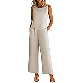 Ficerd Women 2 Piece Summer Outfits Linen beach Set Round Neck Sleeveless Crop Tank Tops Elastic High Waist Cropped Pants
