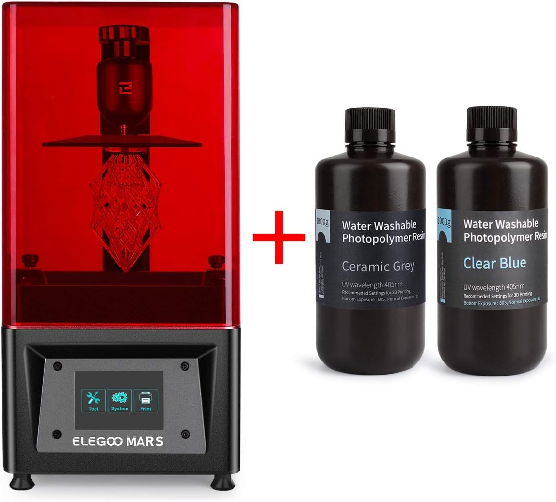 ELEGOO Mars UV Photocuring LCD 3D Printer and ELEGOO Water Washable 3D Printer Rapid Resin 1000Gramx2 Bundle
