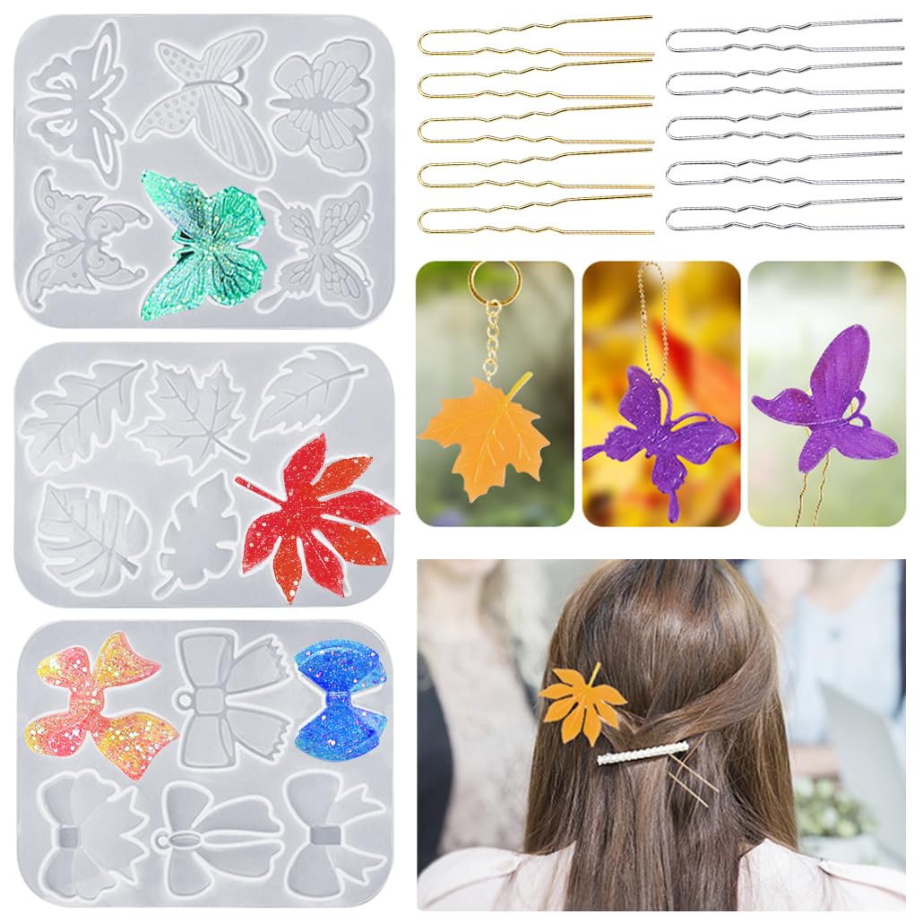 KyeeaDIY 3Pcs Hairpin Resin Molds DIY Butterfly Hairpin Hair Clip Jewelry Casting Molds 10pcs Hair Stick Hair Pin Silicone Moulds for Epoxy Crafts Girl Women Jewelry Making Supplies