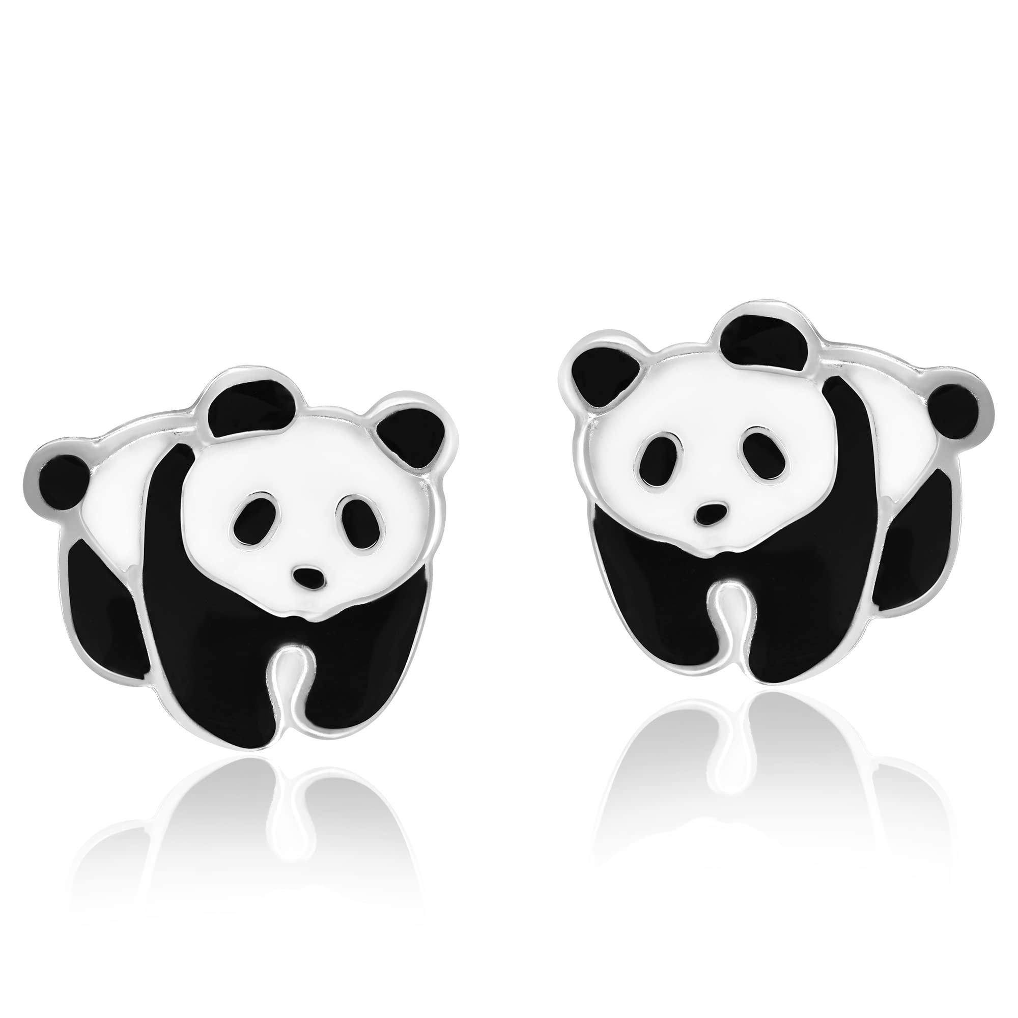 Adorable Panda Bear Colored Enamel .925 Sterling Silver Stud Earrings