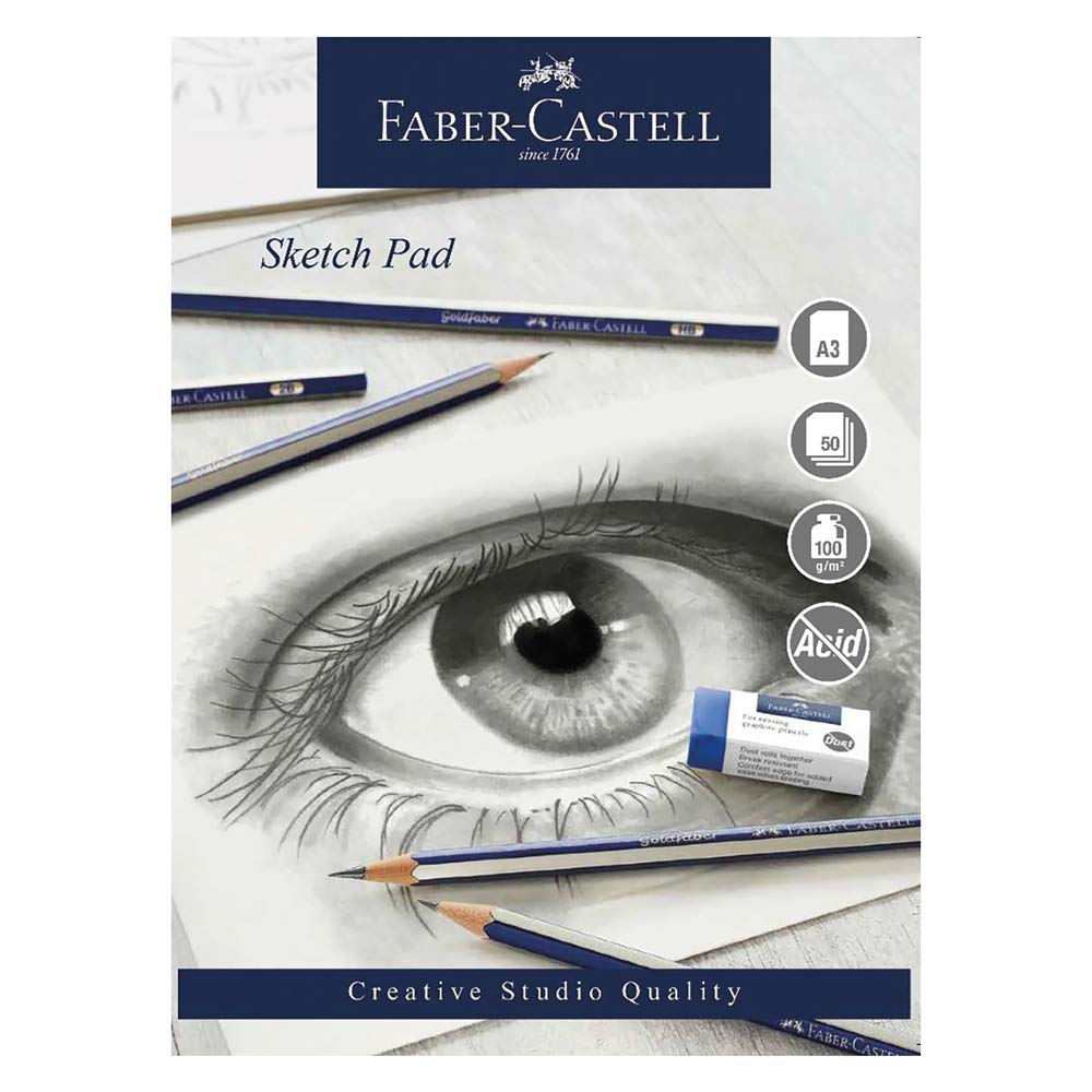 Faber-Castell Creative Studio Sketch Pad, A3, Acid Free Gummed Paper Pad 100 GSM, 50 Sheets for Graphite, Coloured Pencils, Charcoal, Sketching, Arts, Craft, Home and School — image 1