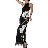 BEAUDRM Women's Floral Maxi Dress Crew Neck Sleeveless Ruched Bodycon Mesh Formal Wedding Guest Dresses