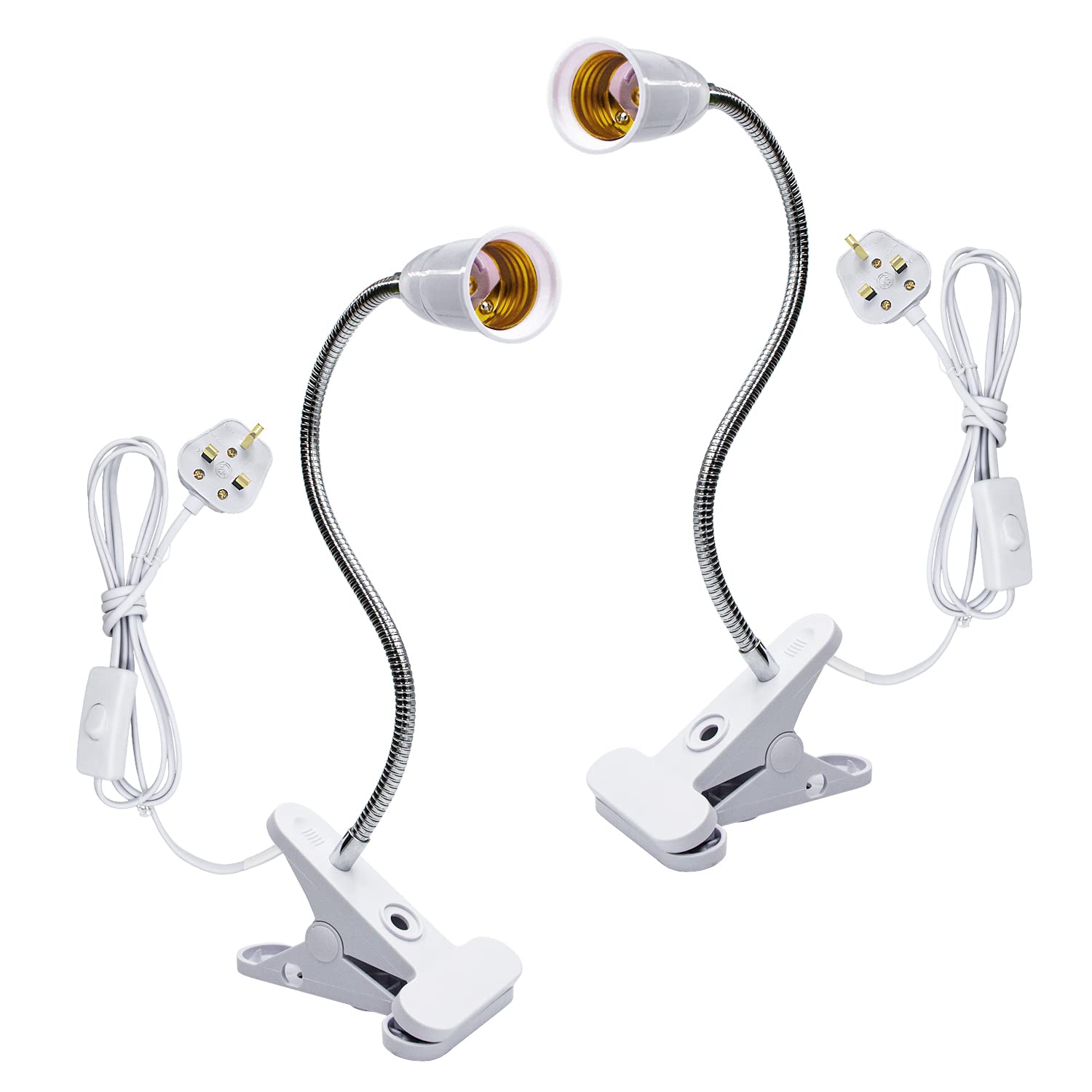 Clip Desk Lamp, 2PCS Clip on Ligh Holder E27 with Plug and Switch, Flexible Clamp Light E27 with 87in Cable, E27 Lamp Holder Clamp Screw Fitting, 360 Degree Clip Plant Light, White