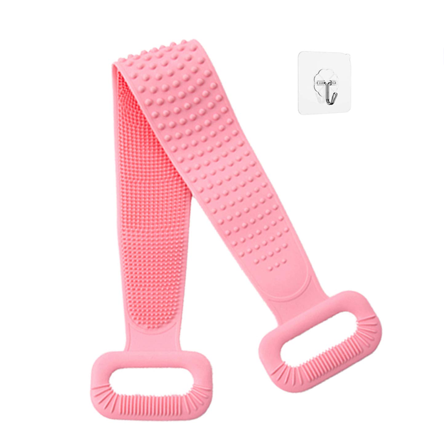 Silicone body scrubber, with 30 inches Lengthened Handle Silicone Back Scrubber for Shower, Exfoliating, Easy to Back Brush, Lathers Well, Comfortable Massage Body Scrubber(Pink)