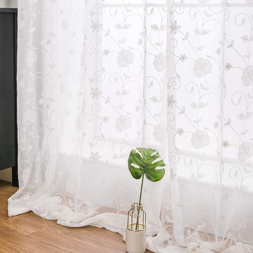 MIULEE 2 Panels Embroidered Sheer Window Flower Design Grommet Curtains Window Voile Panels/Drape/Treatment for Bedroom Living Room Flower 55" Wx96 L White โ image 1