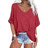 UNCLECAT Women's V Neck Oversized T-Shirts Summer Short Sleeve Shirts Loose Casual Tops Tee