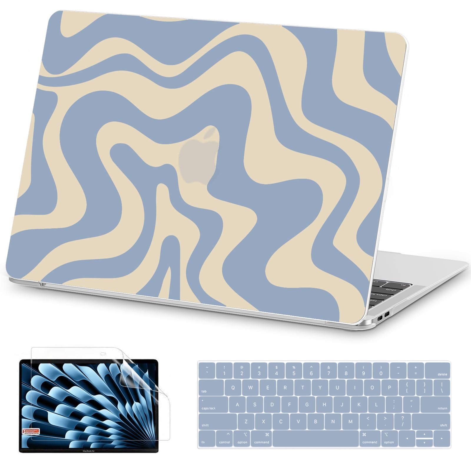 AKIT Compatible with MacBook Pro 13 inch Case M2 A2338 2025-2016 M1 A2251 A2289 A2159 A1989 A1708 A1706, Unique Pattern Plastic Laptop Hrad Shell Case&Keyboard Cover&Screen Protector Film, Blue Wave