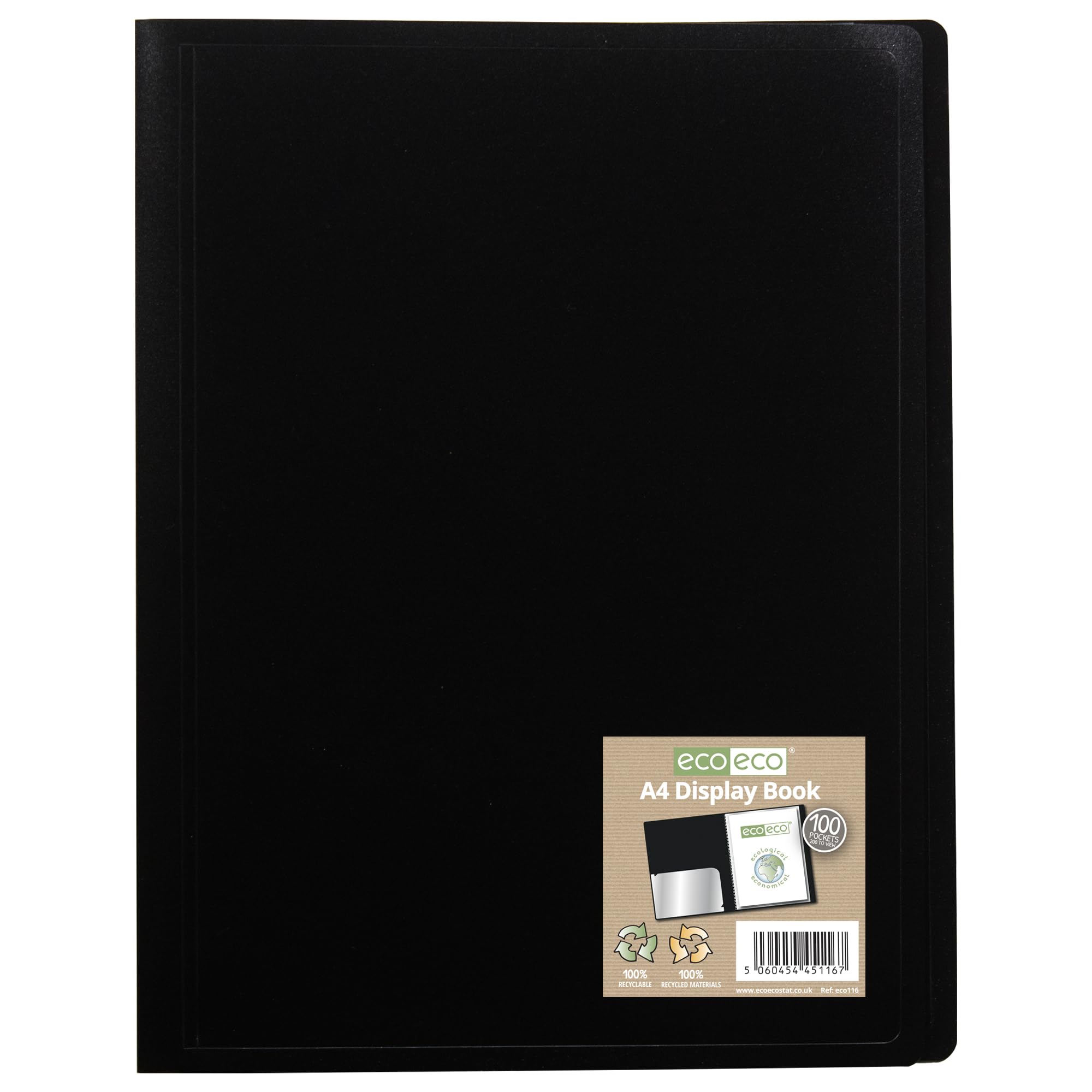 eco-eco A4 100% Recycled 100 Pocket Black Flexible Cover Portfolio Book Folder Display Book, eco116