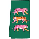 FIicy Green Pink Tiger Decor Hand Towels, Trendy Preppy Kitchen Towels, Pink Animal Tigers Decorative Hand Towels for Bathroom Kitchen, Pink Green Preppy College Girl Dorm Bathroom Decor(16x24 Inch)