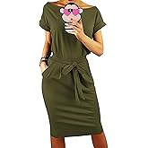 PRETTYGARDEN Women's Summer Short Sleeve Crewneck Striped Dress Basic Solid Tie Waist Office T Shirt Dresses Pockets