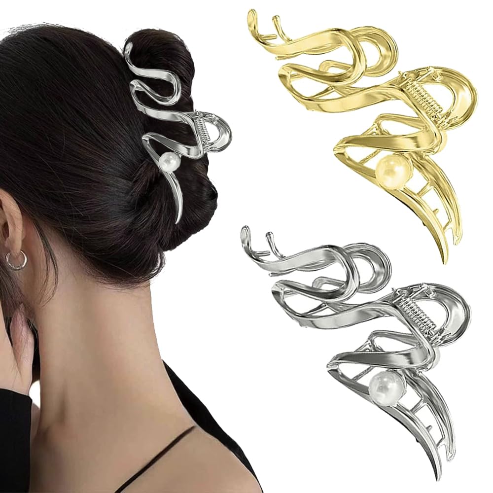 2 PCS Large Hair Clips Non-slip Claw Clips Metal Pearl Hair Grips Silver Gold Strong Hold Hair Accessories for Women Girls