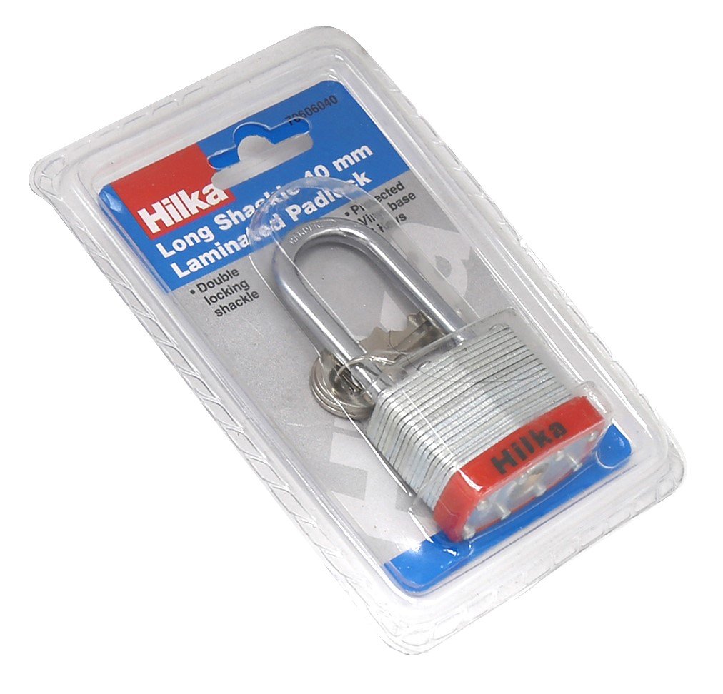 Hilka 70606040 Long Shackle Laminated Padlock, 40 mm, Silver