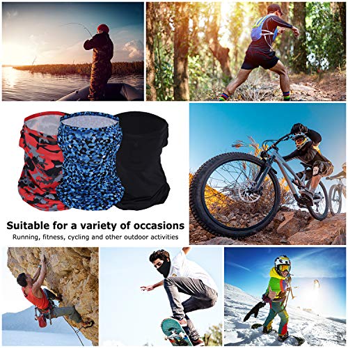 Labato 3 Packs Face Bandana Mask with Ear Loops, Cooling Neck Gaiter Scarf Reusable Washable Cloth Bandanas Sun Protection Balaclavas for Cycling Camping Hiking Fishing (Blackbluered)