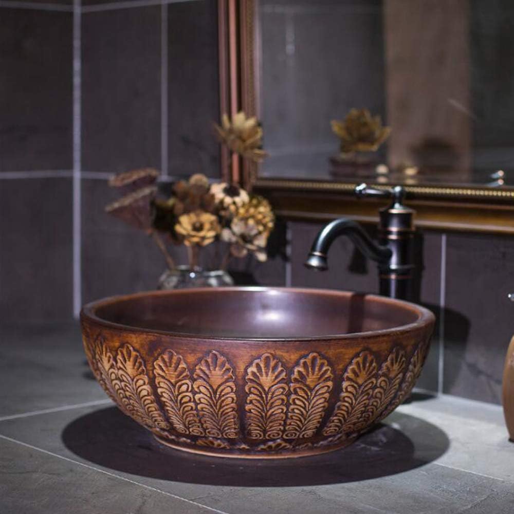 GongDi Countertop basin ceramic vanity above counter basin retro round art wash basin sink bathroom washbasin faucet set 40 * 40 * 15