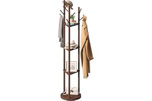 FILWH Bamboo Coat Rack Rotary Freestanding with Shelf Tree Stand for Hallway Entryway Hanger Stand with 9 Hooks 3 Shelves (Brown)