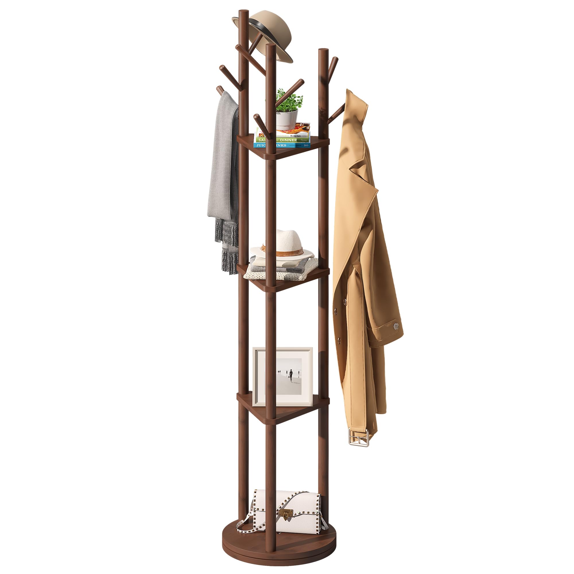 Photo 1 of FILWH Bamboo Coat Rack Rotary Freestanding with Shelf Coat Tree Rack Stand for Hallway Entryway Coat Hanger Stand with 9 Hooks 3 Storage Shelves(Brown)