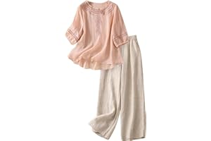 2 Piece Linen Sets for Women Summer Travel Holiday Lounge Outfits Loose Casual 3/4 Sleeve Shirts Wide Leg Pants Set