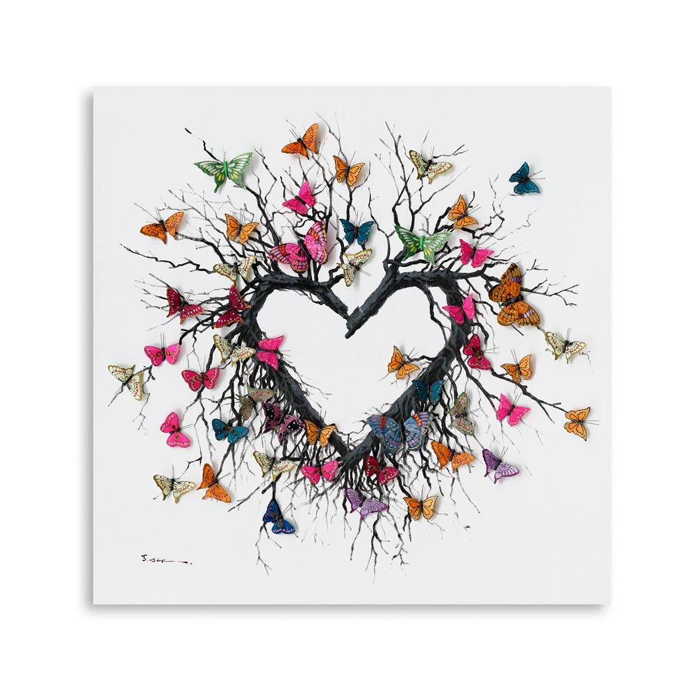 Yidepot Butterfly Canvas Print Wall Art for Bedroom: Heart Shaped Branches Surrounded by Colorful Butterflies Love Themed Picture for Teen Girls (30x30CM) — image 1