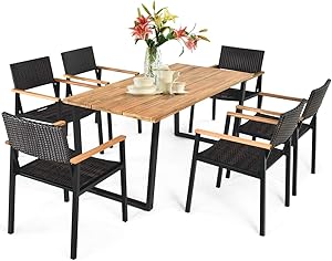 Tangkula 7PCS Outdoor Dining Set, Patio Dining Furniture Set w/Large Rectangle Acacia Wood Table Top, Rattan Chairs with Steel Frame, Umbrella Hole, Conversation Seating Set for Backyard Garden