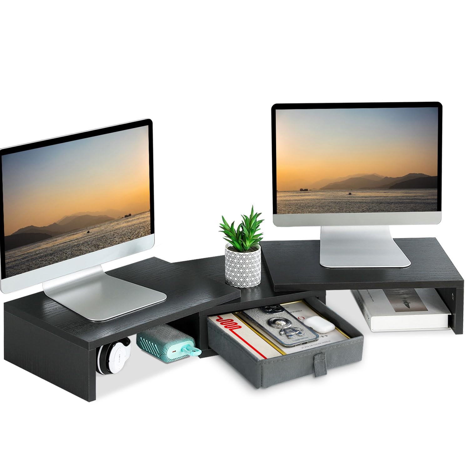 Photo 1 of TEAMIX Dual Monitor Stand Riser with Drawer - Length and Angle Adjustable Double Monitor Riser Corner Desk Shelf Organizer 37 inch Long Monitor Riser for 2 Monitors/Laptop/PC/Screen/TV