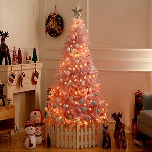SURPRIZON Artificial 4/5/6 Ft Pre-Lit Pink Christmas Tree Cherry Tree with Multicolored LED Lights & Metal Stand Perfect for Holiday Home Decoration (5Ft)