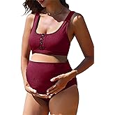 Summer Mae Maternity Ribbed High Waist Swimsuit Crop Top Bikini Bathing Suit High Cut Two Piece Pregnancy Swimwear