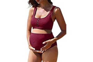 Summer Mae Maternity Ribbed High Waist Swimsuit Crop Top Bikini Bathing Suit High Cut Two Piece Pregnancy Swimwear