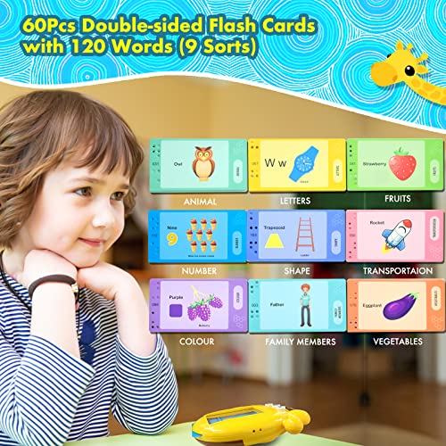 Flash Cards for Toddlers Age 2-6 Years, Smrthume Preschool Learning Toys with 120 Words Audible Flash Cards, Kids Listen and Learn Literacy Fun Early Learning Educational Toys Gift(Giraffe Yellow)