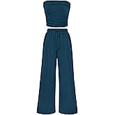 PRETTYGARDEN Womens Summer Outfits 2 Piece Sets Casual Ribbed Knit Crop Tube Top Wide Leg Pants Spring Matching Lounge Set