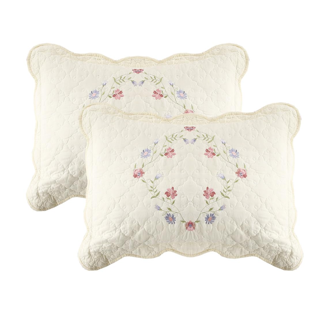 View 1 of (20"x28") vctops 2-Piece Elegant Floral Embroidered Pillow Shams Queen Size 100% Cotton Quilted Decorative Pillow Shams Set (Cream B,20"x28")