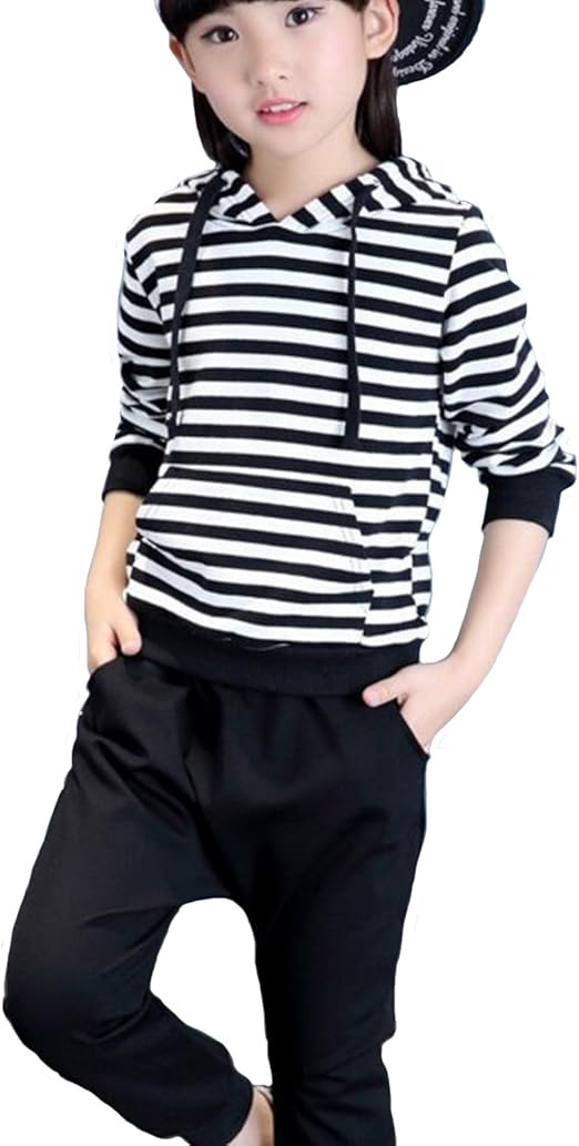 Amazon Sanku 女の子 ジャージ 上下セット 2点セット 子供服 フード付 ストライプ 人気 長袖 スウェット トレーナー 春秋 薄手 ジップ アップ おしゃれ パーカー 女児 ガールズ キッズ スポーツウェア 運動着 体育 ブラック 140cm ジャージ 通販