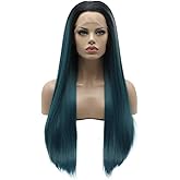Lushy Hair Synthetic Lace Front Wig Straight Super Long 28inch Dark Root Blue Green Mix Ombre Heavy Density Heat Resistant Realistic Wig