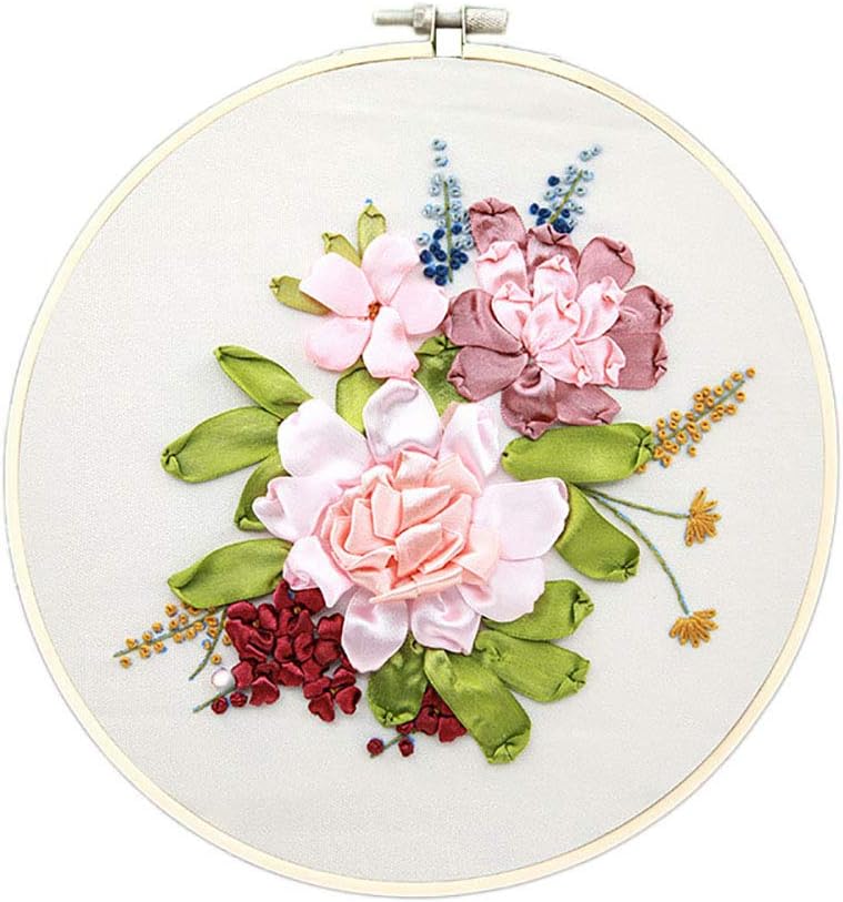 NMFIN Ribbon Embroidery Beginner Kit, DIY 3D Flower Printed Pattern Needlework Cross Stitch Handmade Sewing Craft with Hoop for Home Wall Art Decoration