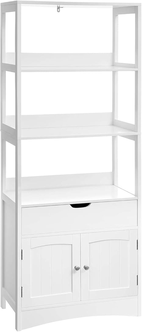 Amazon Com Vasagle Free Standing Linen Tower Bathroom Storage Cabinet Bookcase With 3 Open Shelves 1 Drawer And 1 Cupboard 23 6 X 12 8 X 60 6 Inches For Entryway Kitchen Study Room White Ubbc67wt Kitchen Dining